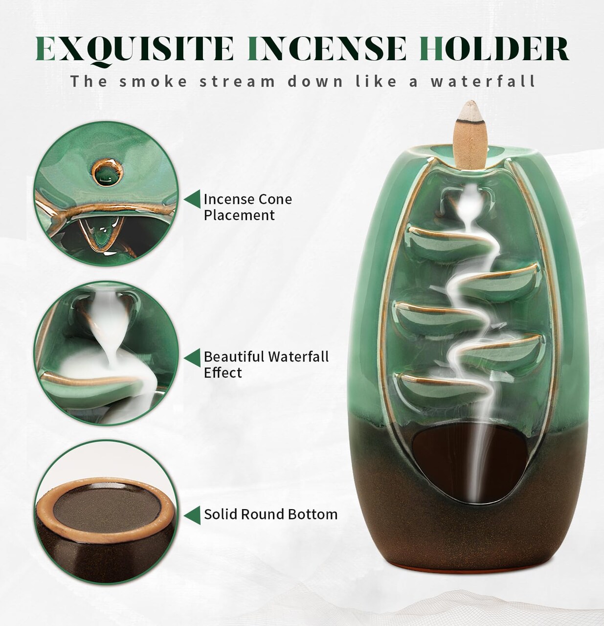 Backflow Incense Burner, Ceramic Waterfall Incense Burner Holder with 120 Incense Cones and 30 Incense Sticks Incense Fountain Smoke Waterfall for Meditation Zen Spiritual Room Home Decor, Cyan